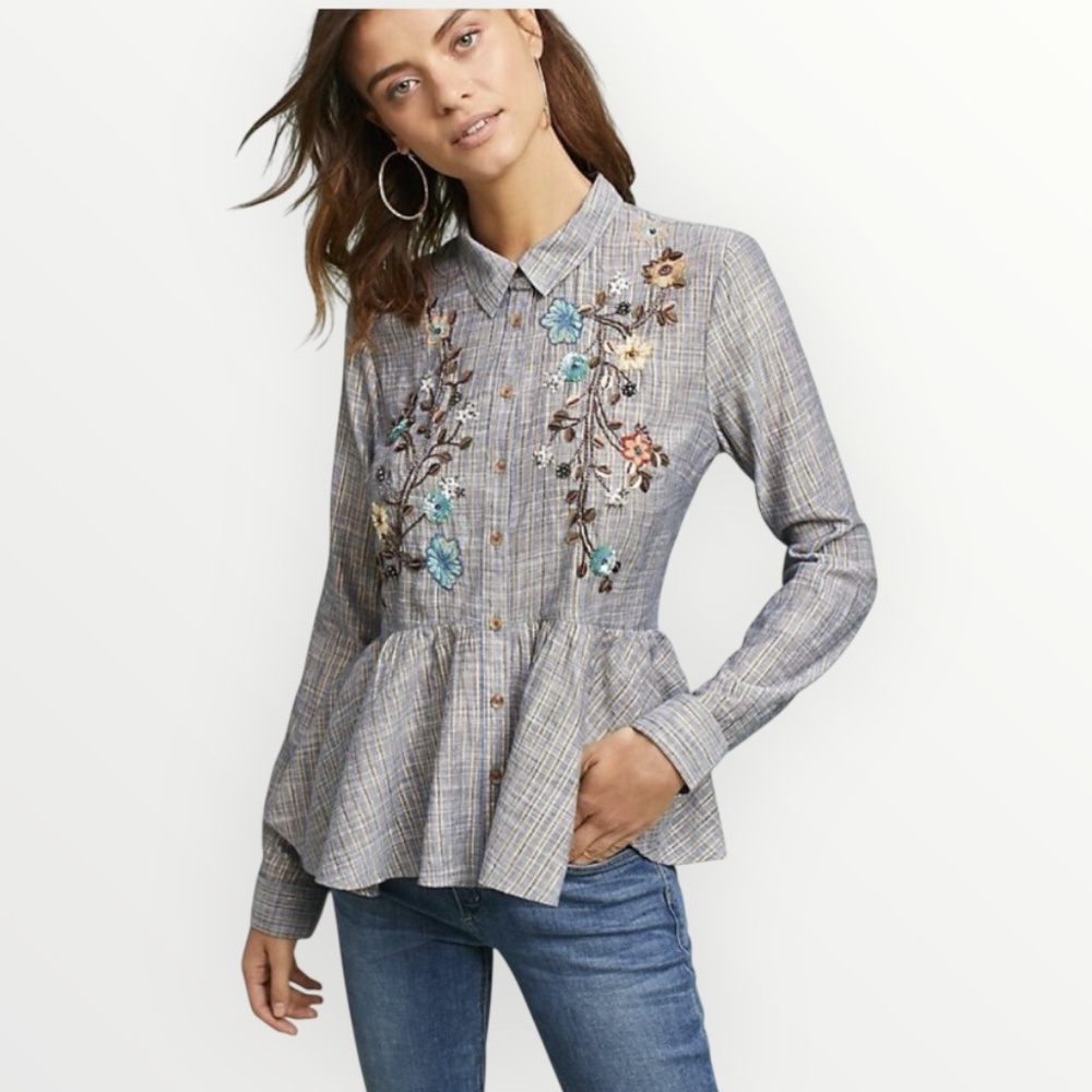 Anthropologie HD in Paris Ella Embroidered Peplum Blouse